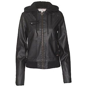 Volcom Black Motor On Leather Riding Hooded Jacket